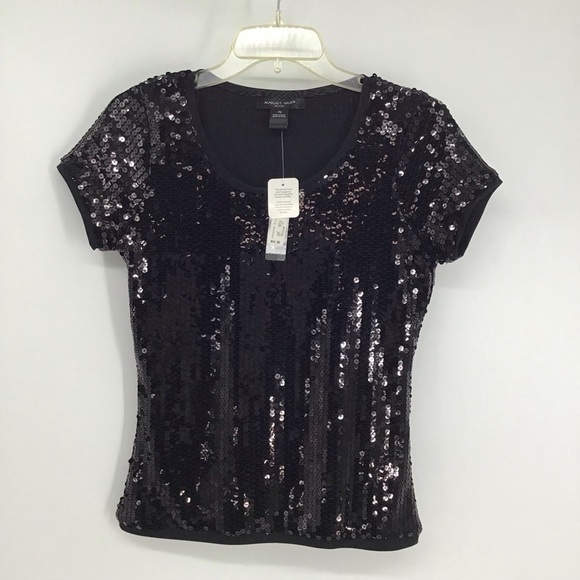 AUGUST SILK Sequined Short Sleeve Scoop Neck Top NWT Size Petite Small - Picture 2 of 8